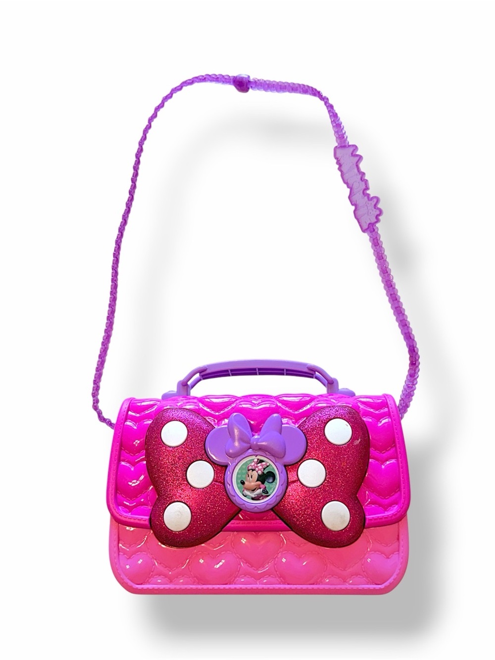 Minnie Mouse LunchBox, pink and fuchsia, hard plastic, shoulder strap 8.5"x5.5"